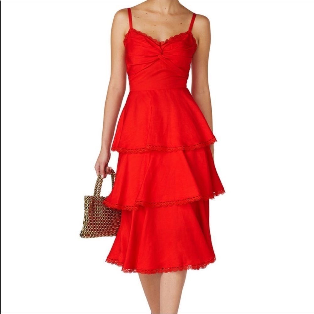 Marchesa Notte Red Tiered Midi Dress